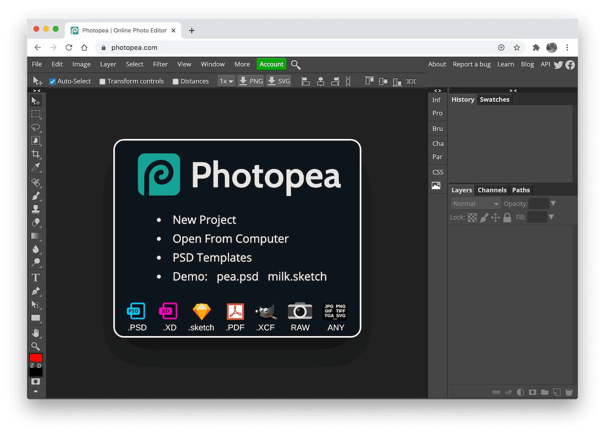 Photopea 图片编辑器的屏幕<a class='auto-link' href='http://www.chromedownloads.net/extensions/655.html' target='_blank' title='截图'>截图</a>